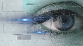 Animation of scopes scanning and analysis processing over woman's eye. digital interface, global connection and communication concept digitally generated video. - Powered by Shutterstock - Get 15% off with code: PIKWIZARD15