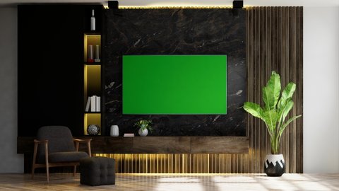 TV on cabinet in in modern living room with armchair and plant on dark marble wall background,3d rendering