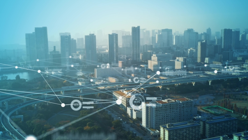 Smart city and communication network concept. 5G. LPWA (Low Power Wide Area). Wireless communication. | Shutterstock HD Video #1069876429