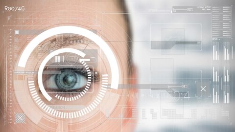 Animation of scope scanning and globe of network of connections over woman's eye. digital interface, identity and technology concept digitally generated video.