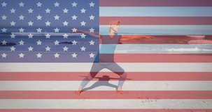 Animation of fireworks and american flag jigsaw puzzles revealing senior woman exercising on beach. usa patriotism and democracy concept digitally generated video.