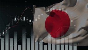 Animation of financial statistics recording over flag of japan waving. global finances and business concept digitally generated video.