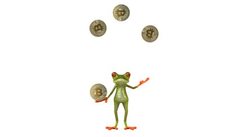 Fun 3D green frog juggling with bitcoins
