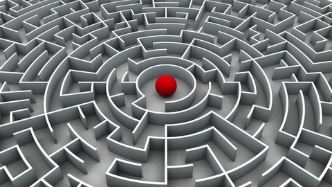 3d animation of the maze with a red ball that destroys the walls moving forward and goes beyond the maze. The idea of original, non-standard solutions. A maze in the noise, freedom in the light.