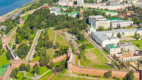 Nizhny Novgorod, Russia. View of the inner territory of the Kremlin, Aerial View Hyperlapse