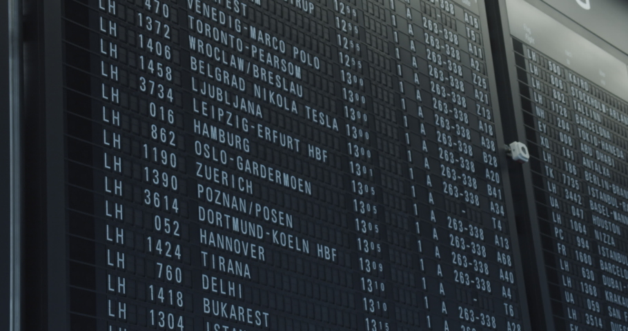 Airport departure board with flight and gate information for various international destinations