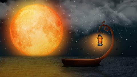 beautiful boat fantasy, orange moon in the ocean, night stars, loop animation background.