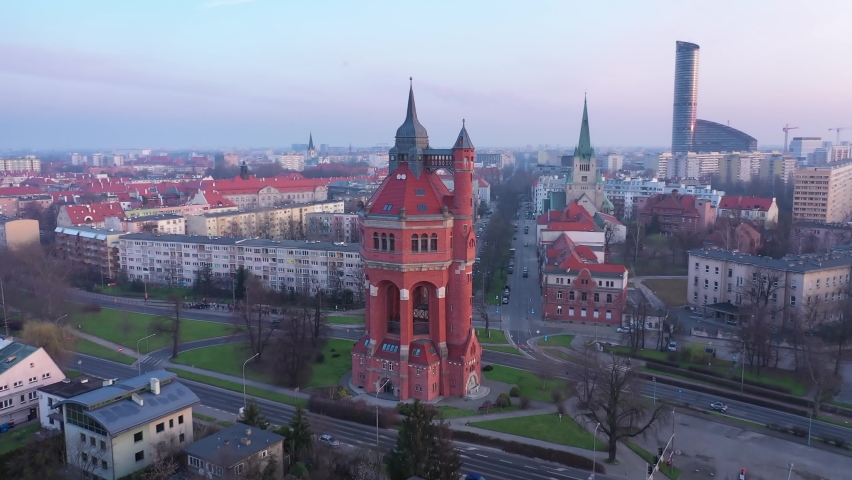 Wroclaw, Poland. Aerial view of historic Water Tower situated in Borek, the district of Krzyki
