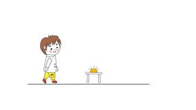 2d flat animation for science and children education. Cartoon boy pushing button on white. Physics, 
chemical, biological processes. 