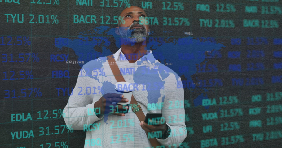 Stock market data processing against man holding coffee cup talking o smartphone. global finance and networking concept