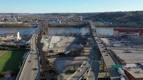 Cincinnati, OH USA - March 29 2021: Aerial shot between the Clay Wade Bailey Bridge and Brent Spence Bridge.
