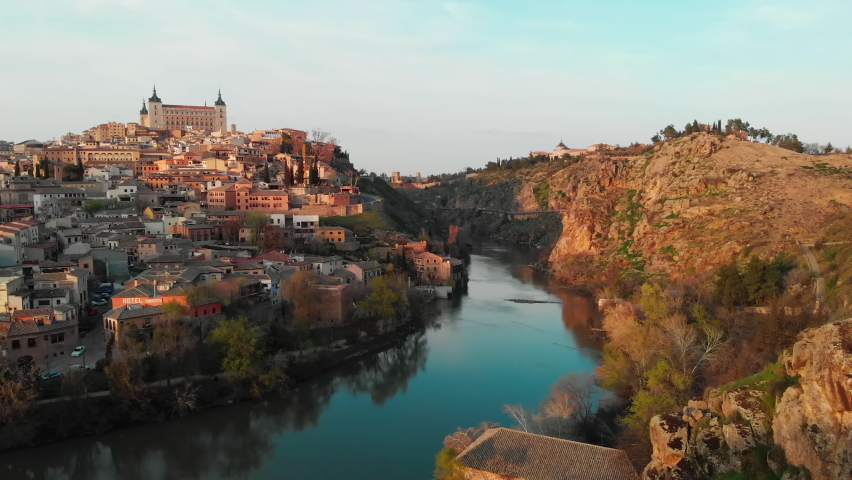 Aerial panoramic drone point of view historical city of Toledo. Castilla–La Mancha, declared World Heritage Site by UNESCO. Travel and tourism, famous tourist attraction place concept. Spain. Europe