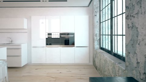 3d rendering of a kitchen in a industrial loft