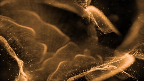 Particle gold dust flickering on black background. Abstract Footage background for text. Gold Particles Moving Background. fast energy flying wave line with flash lights. Particle from below. 