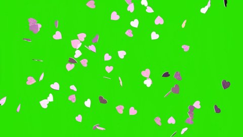 Falling pink hearts on a chroma key background. 3D rendering of animation. Video effect for valentine's day and weddings. Green screen. Rain from hearts.