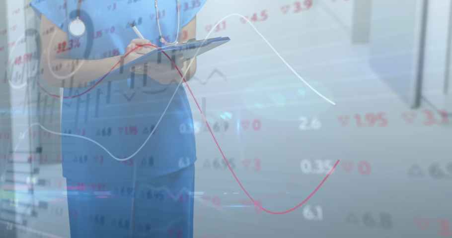 Stock market data processing against female health worker writing on clipboard. global finance and medical research technology concept | Shutterstock HD Video #1069921099