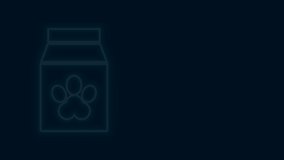 Glowing neon line Bag of food for pet icon isolated on black background. Food for animals. Pet food package. Dog or cat paw print. 4K Video motion graphic animation.