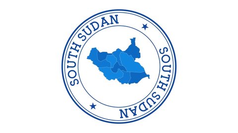 South Sudan intro. Badge with the circular name and map of country. South Sudan round logo animation.