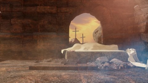 Empty tomb of Jesus with crosses in the background. Easter or Resurrection concept render 3d