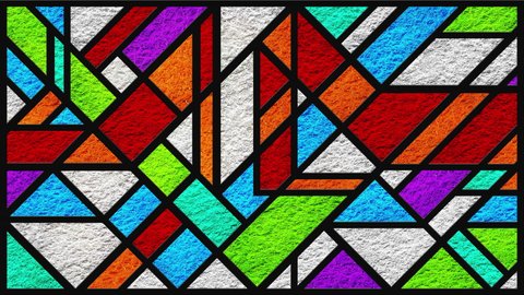Animated colorful modern looping stained glass window. Art Deco. Sketch. Multicolor light. Animation footage. Modern classic stained glass. Colored glass texture. Rays. Architecture. Motion of light.
