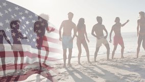 Animation of american flag waving with confetti over friends dancing on beach. usa patriotism and celebration concept digitally generated video.