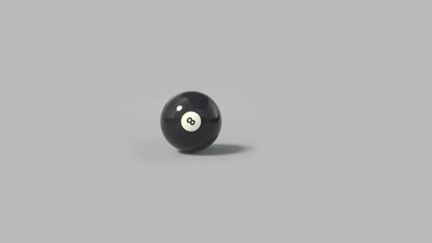 Side on view of a 3D 8 ball rolling from right to left. Black 8 ball in a continuous roll perfect for sports advertising. 4K clip at 60fps for smooth motion with an alpha matte 
