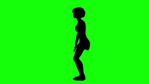 Silhouette of a woman with afro hair and short skirt dancing loop 2, on green screen, side view. People silhouettes seamless loop 3D animation.