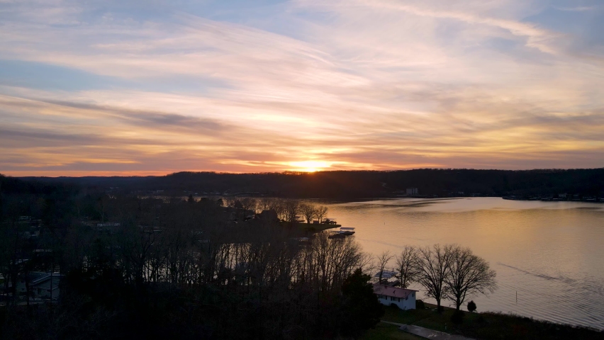 Peaceful Serene Nature Sunset of Lake in Missouri, Aerial Slow Panning