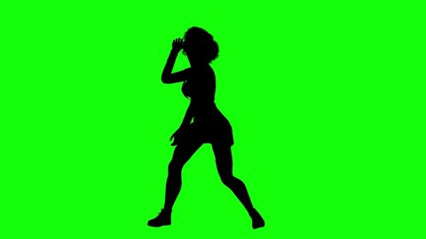 Silhouette of a woman with afro hair and short skirt dancing loop 1, on green screen, front view. People silhouettes seamless loop 3D animation.