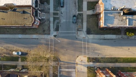 Top Down Aerial View of City Street in Poor South Side Chicago Neighborhood