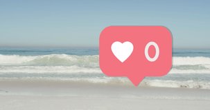 Animation of speech bubble with heart icon and numbers over man running with surfboard on beach. digital interface, social media and global network concept digitally generated video.