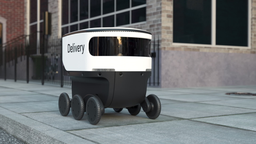 Automated Delivery Robot Service Driving on Urban Street. Modern Smart Wireless Robot Delivers Goods or Food to a Customer. New Technological Iot Business Industry of Delivery Logistic of Online Shop Royalty-Free Stock Footage #1069938781
