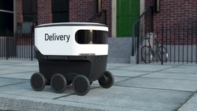 Automated Delivery Robot Service Driving on Urban Street. Modern Smart Wireless Robot Delivers Goods or Food to a Customer. New Technological Iot Business Industry of Delivery Logistic of Online Shop - Powered by Shutterstock - Get 15% off with code: PIKWIZARD15