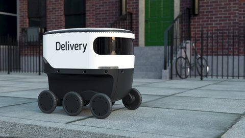 Automated Delivery Robot Service Driving on Urban Street. Modern Smart Wireless Robot Delivers Goods or Food to a Customer. New Technological Iot Business Industry of Delivery Logistic of Online Shop