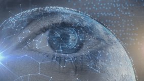 Animation of glowing globe with network of connections over woman's eye. digital interface, identity recognition and global technology concept digitally generated video. - Powered by Shutterstock - Get 15% off with code: PIKWIZARD15
