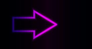Neon arrow animation. Purple and blue direction sign spreading from left to right with a black background. Flashing arrows lights effect for news, presentations, social media.
