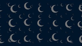 Moon symbols float horizontally from left to right. Parallax fly effect. Floating symbols are located randomly. Seamless looped 4k animation on dark blue background