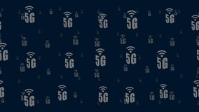 5G symbols float horizontally from left to right. Parallax fly effect. Floating symbols are located randomly. Seamless looped 4k animation on dark blue background
