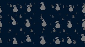 Pear symbols float horizontally from left to right. Parallax fly effect. Floating symbols are located randomly. Seamless looped 4k animation on dark blue background