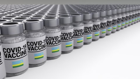 Seamless looping 3D animated bottles with covid-19 vaccine and the flag of Rwanda in 4K resolution 