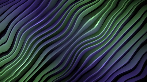 4k 3D animation of rows and rows of colorful green and purple stripes rippling. Colorful wave gradient animation.. Future geometric patterns motion background. 3d rendering