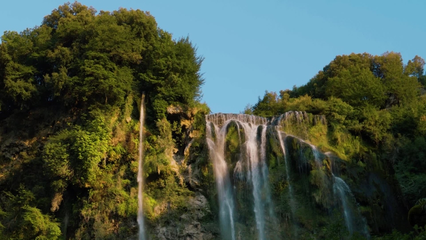 Work before water discharge, small flow. The Cascata delle Marmore is a the largest man-made waterfall. Terni in Umbria Italy. Nature background. Summer