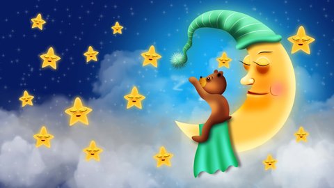 Moon cartoon sleeping ZZZ, Bear cartoon, Babies sleep background, Looped moon, Shooting star, Night fantasy, animation background.