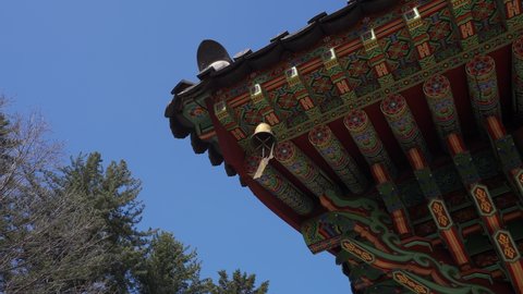 Low angle, There's a wind chime(fish bell) hanging under the eaves of a temple.