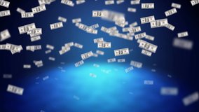 Animation of confetti and american dollar bills falling on blue glowing background. finance, winning and gambling concept digitally generated video.