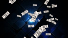 Animation of confetti and american dollar bills falling over rows of blue squares in background. finance, winning and gambling concept digitally generated video.