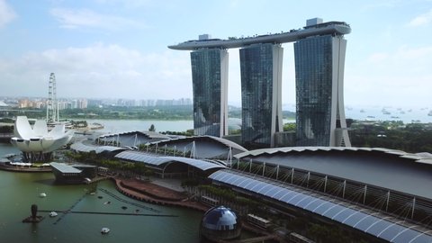 Aerial establishing shot of Marina Bay Sands at Marina Bay - Singapore circa Jan 2021
