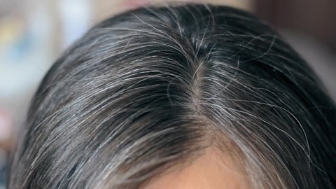 Young woman looks through gray hair. Gray hair close up. Early gray hair. Concept of young woman getting old.