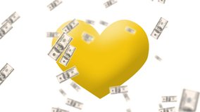Animation of american dollar bills falling over yellow heart emoji on white background. social media, digital interface, global finances and celebration concept digitally generated video. - Powered by Shutterstock - Get 15% off with code: PIKWIZARD15