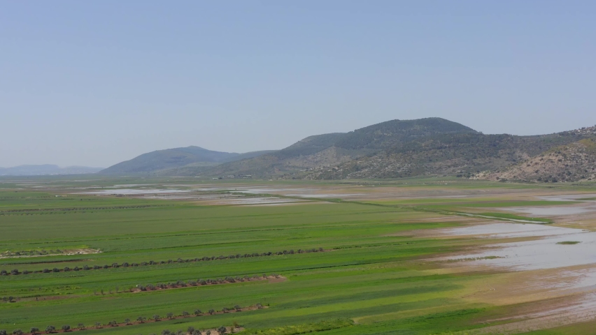 Beit Netofa valley with flooded agricultural fields in Israel lower Galilee, Aerial view.